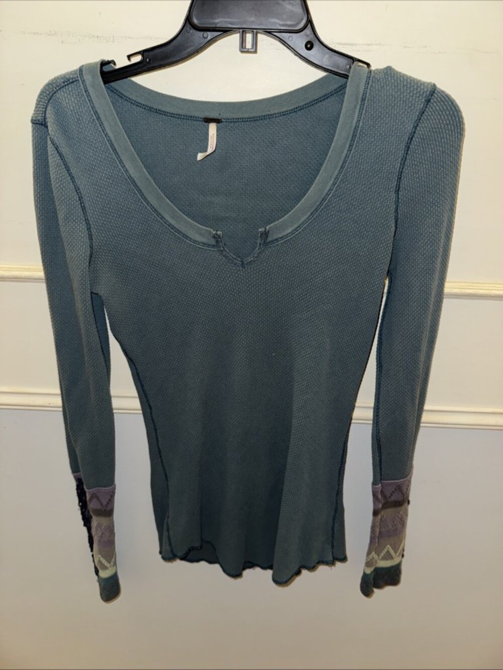 Free People Womens Waffle Knit Thermal Top  M Faded Blue Kombucha Cuff Fall Boho